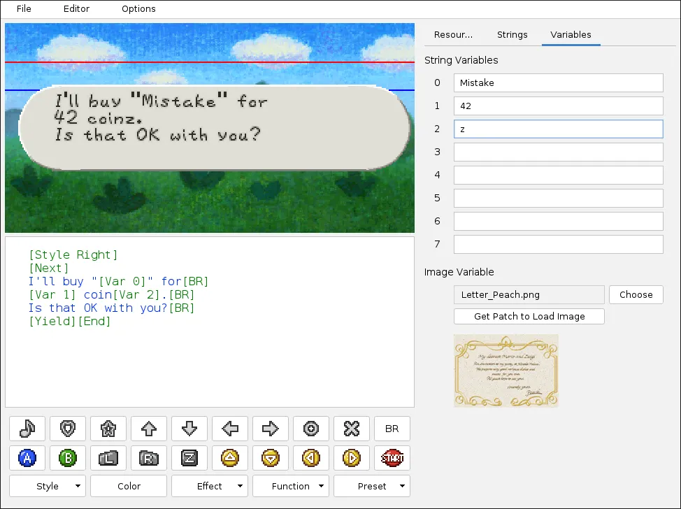 Screenshot of the Star Rod String Editor's Variables tab